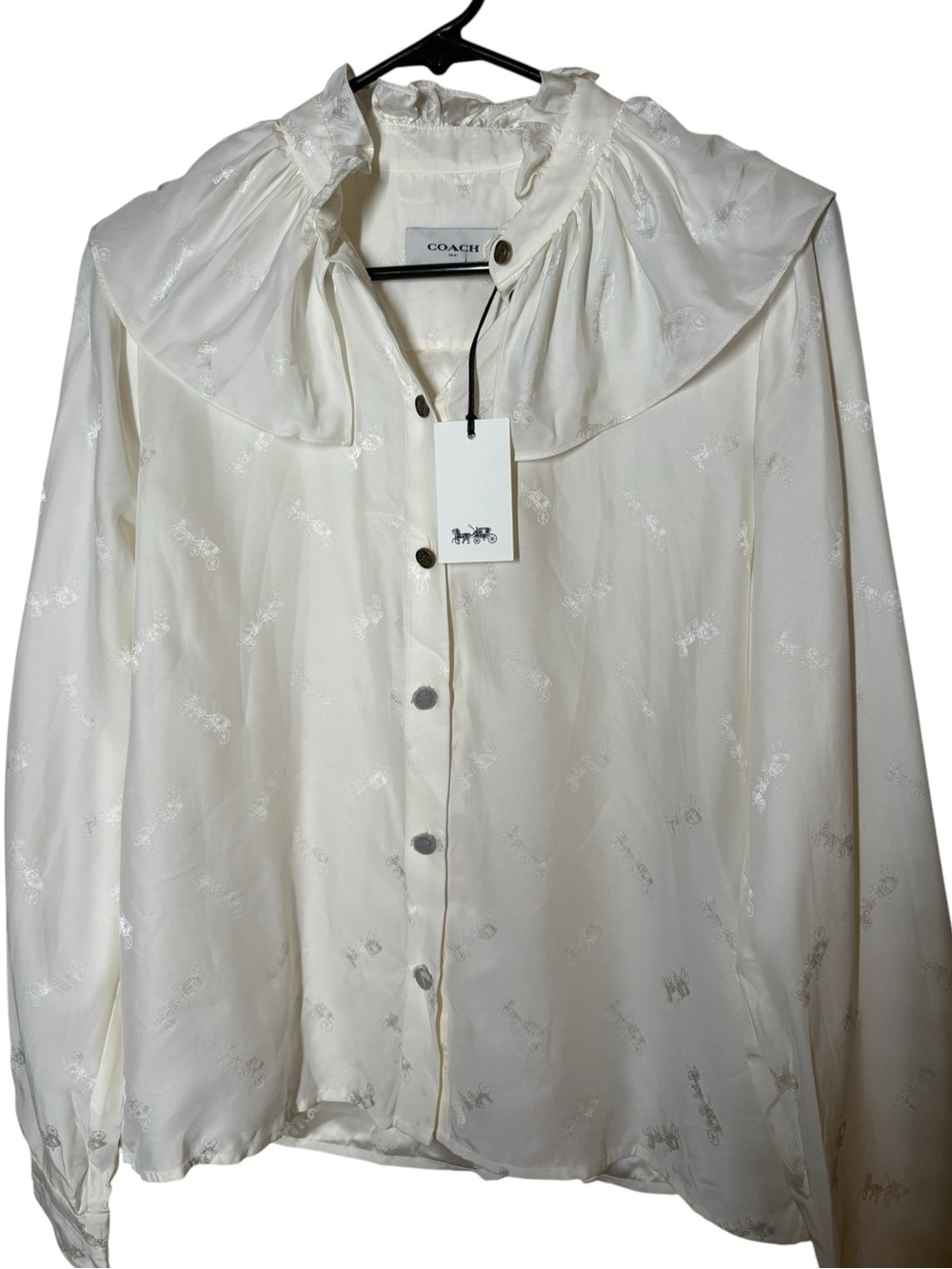 {NWT} Coach Cream Satin Button-Down Blouse with Ruffled Collar Sz 4